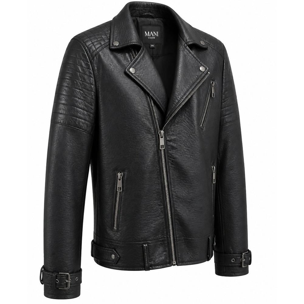 BoohooMAN Biker Jacket Mens 3XL Faux Leather Black Solid Regular Modern NH2121